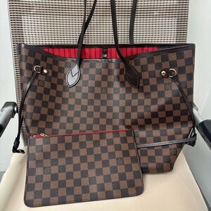 Louis Vuitton Brown Checkered Tote with Red Accents